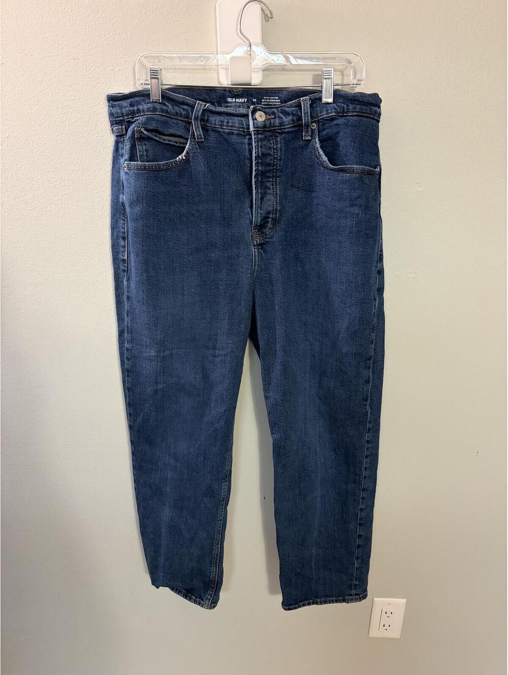 Old Navy Extra High-Waisted Sky-Hi Straight Jeans Size 14 Dark Wash